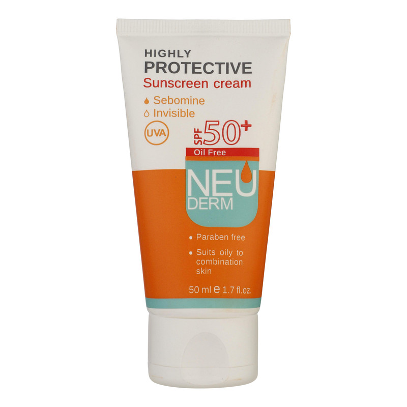 محصول نمونه تستی کرم ضدآفتاب بیرنگ نئودرم مدل Highly Protective SPF50، مناسب پوستهای چرب تا مختلط، حجم 50 میلیلیتر